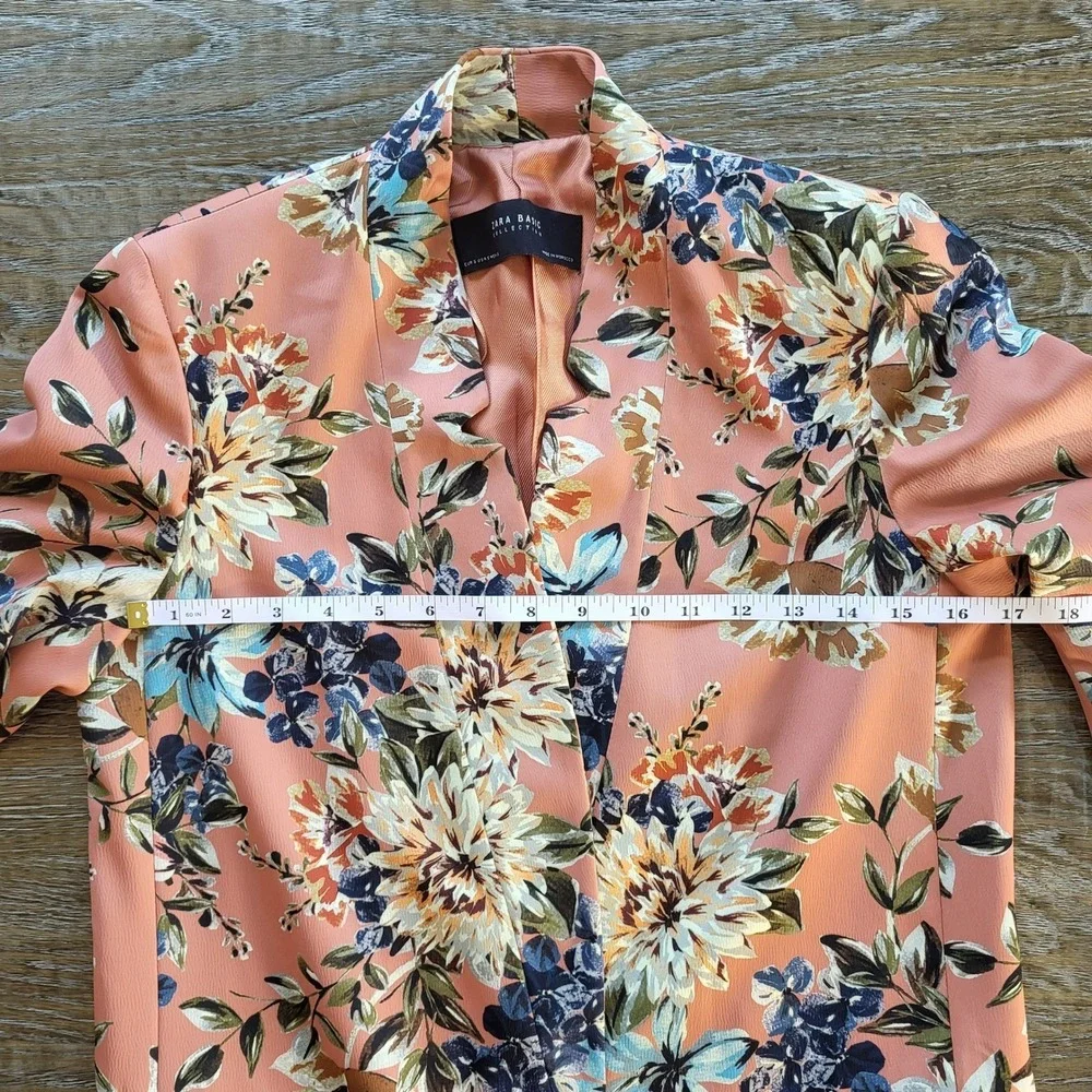 Zara Basic Floral Blazer Salmon Pink Split Bell Sleeve Open Front Jacket Small